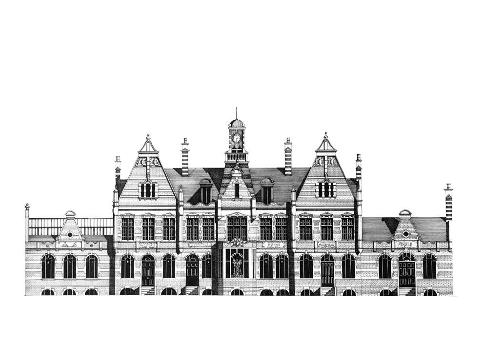 Nick Coupland, Pen and ink detailed architectural illustration of Manchester Victoria BATHS